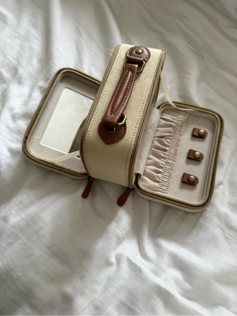 Pottery Barn Beige Canvas Jewelry Travel Case with Brown Leather Trim